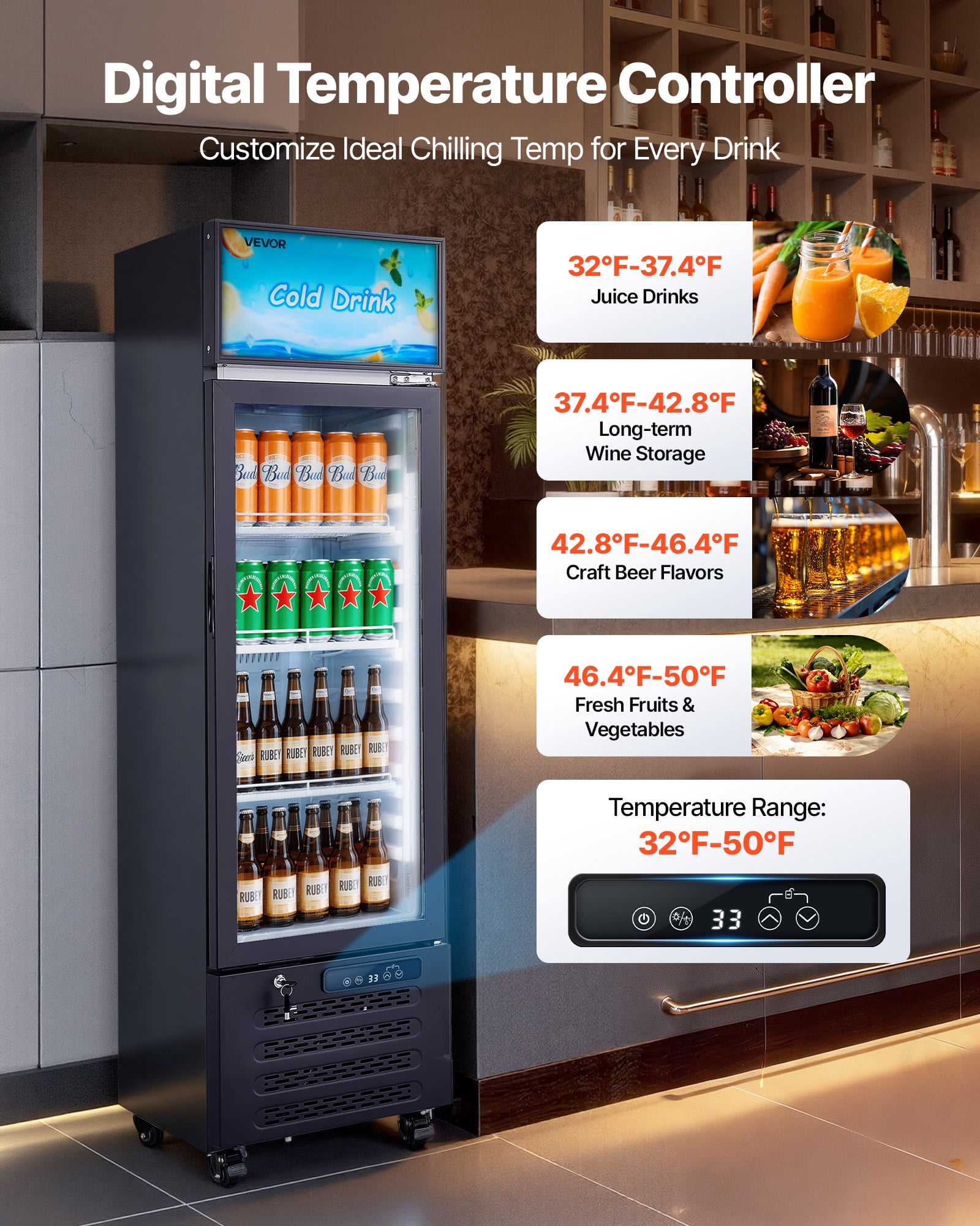 VEVOR Commercial Merchandiser Refrigerator, 6.1 Cu.Ft / 173 L Glass Door Display Refrigerator, Upright Beverage Cooler with Customizable Lightbox,3 Adjustable Shelves & Soft LED Light for Homes Shops