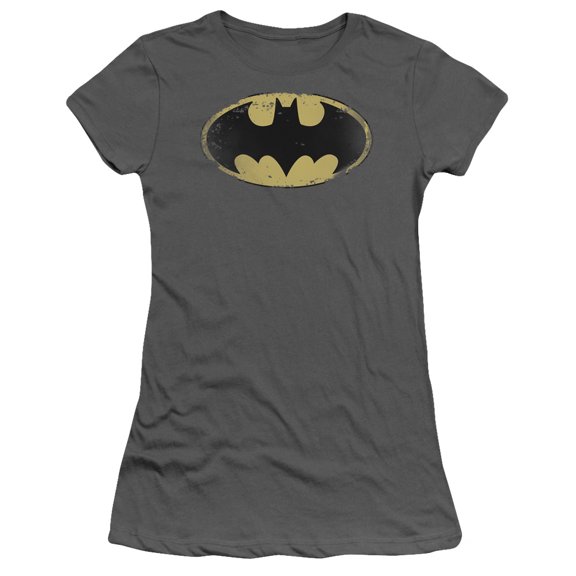 Batman Distressed Shield S/S Junior Women's T-Shirt Sheer Charcoal