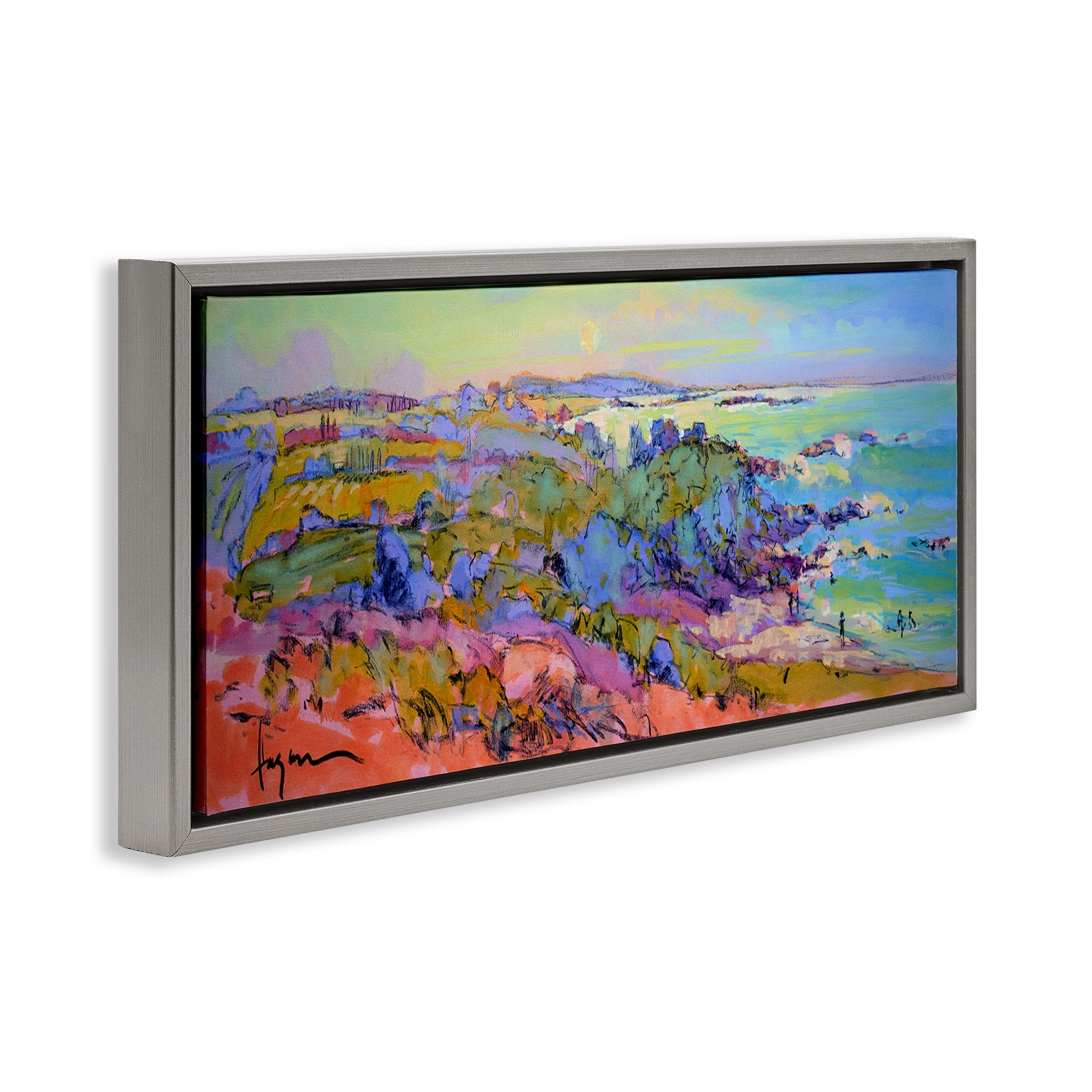 Stupell Industries Sunset Beachgoers View Landscape & Nature Painting Gray Floater Framed Canvas Art Print Wall Art, 25 x 11