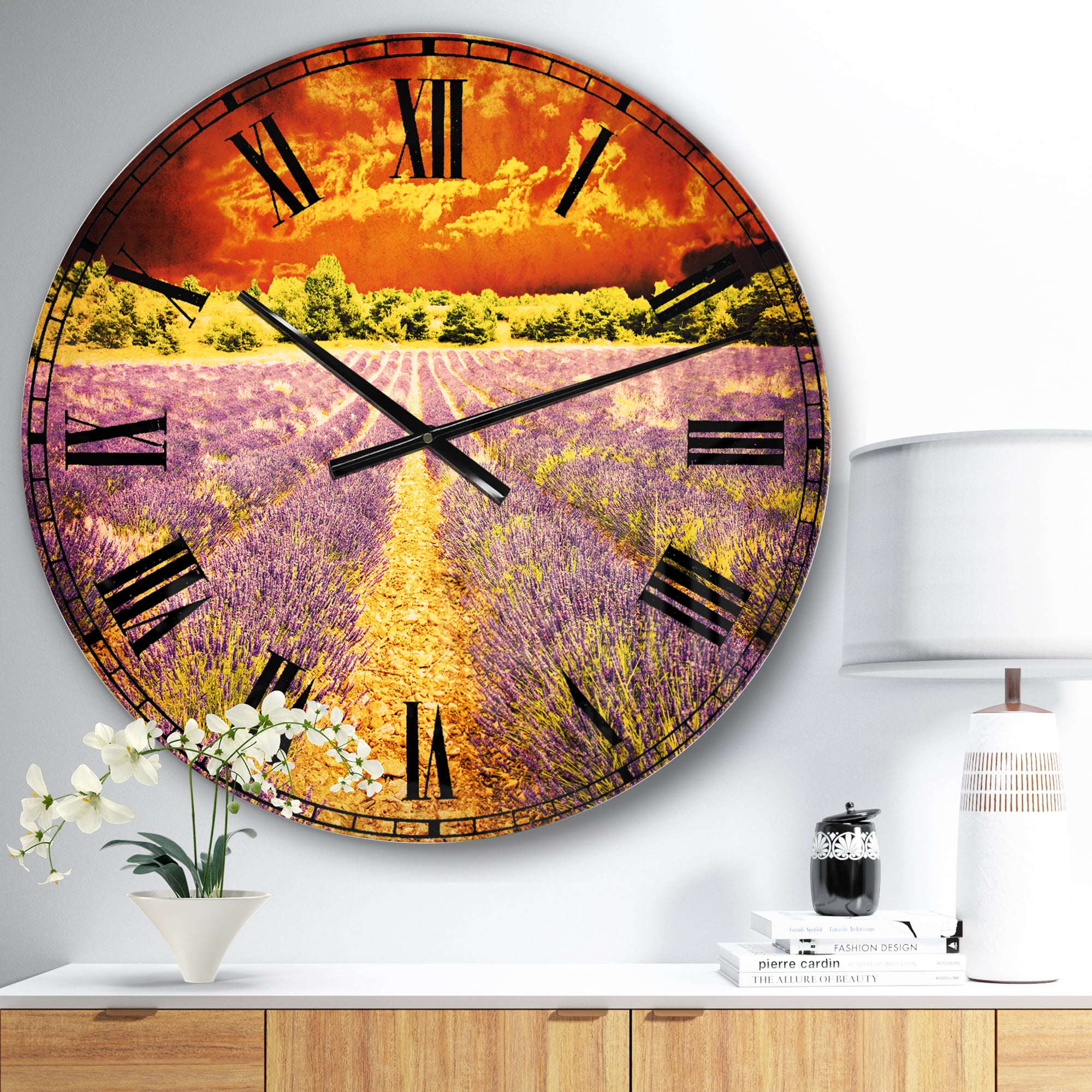 Designart 'Beautiful Lavender Field and Sunset' Traditional wall clock