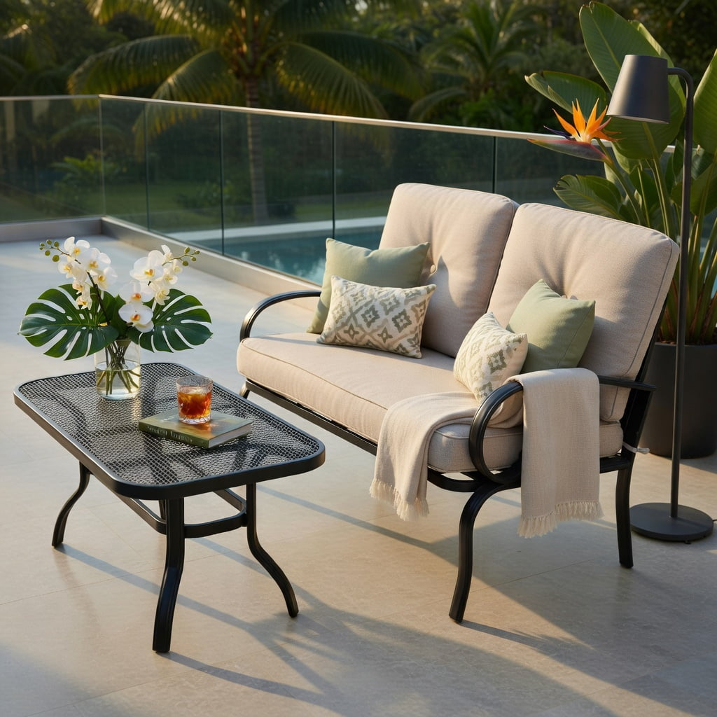 Hommoo 2-Piece Outdoor Patio Furniture Set, Cushioned Loveseat & Coffee Table with 4" Thick Cushions, Steel Frame, Easy-Clean Olefin Fabric, Beige