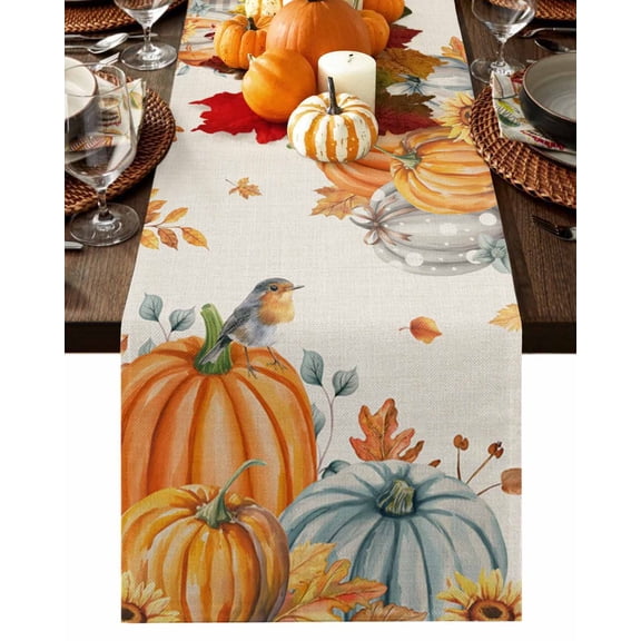 Fall Table Runner Thanksgiving Orange Plaid Pumpkin Table Runners Bird Sunflower Maple Leaves Linen Cotton Linen Dresser Scarf Kitchen Dining Table Decor for Fall Holiday Party Decor 13x36 Inch