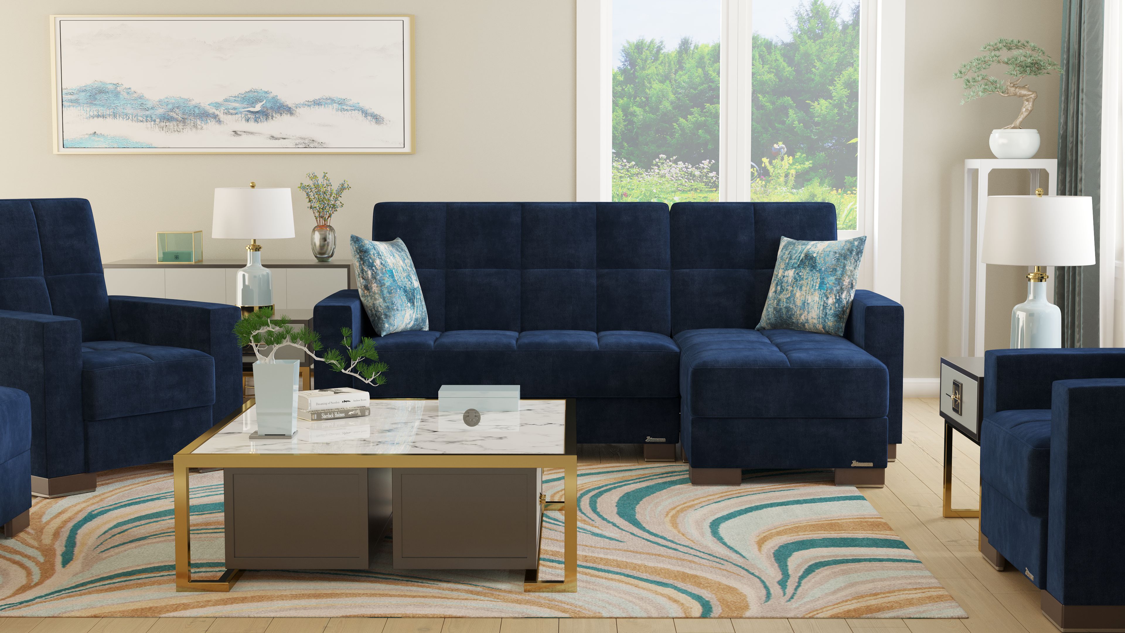 Ottomanson Origins Convertible L-Shaped Sectional Sofa, Blue Microfiber