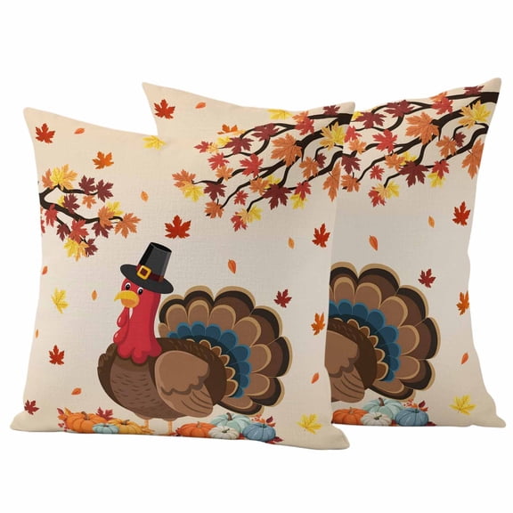 Outdoor Pillow Covers 24 x 24 Inches, Fall Turkey Waterproof Throw Pillow Cover Set of 2, Vintage Thanksgiving Pumpkin Maple Leaf Decorative Square Cushion Covers for Patio/Tent/Couch/Garden