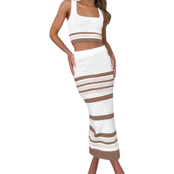 DHFJKG Summer Outfits For Women 2 Piece Skirt Set Sleeveless Square Neck Hollow Out Crop Top Side Slit Maxi Skirts Beach Vacation Clothes Trendy Outfit