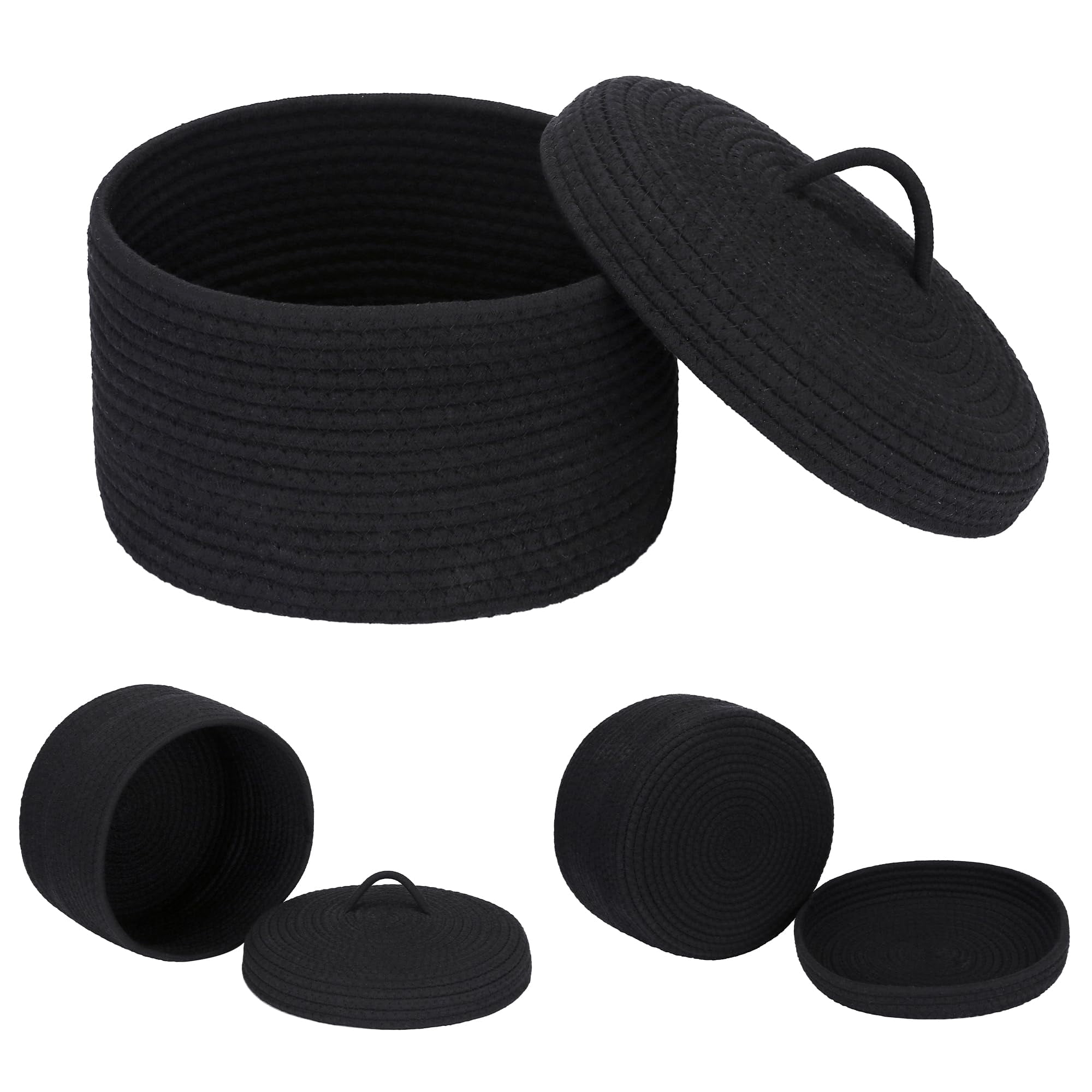 Sea Team Round Cotton Rope Storage Basket with Lid, Lidded Woven Storage Bin, Nursery Storage Container, Diaper Caddy, Baby Shower Basket, Box, Organizer, 11.8 x 11.8 x 6.7 Inches, Black