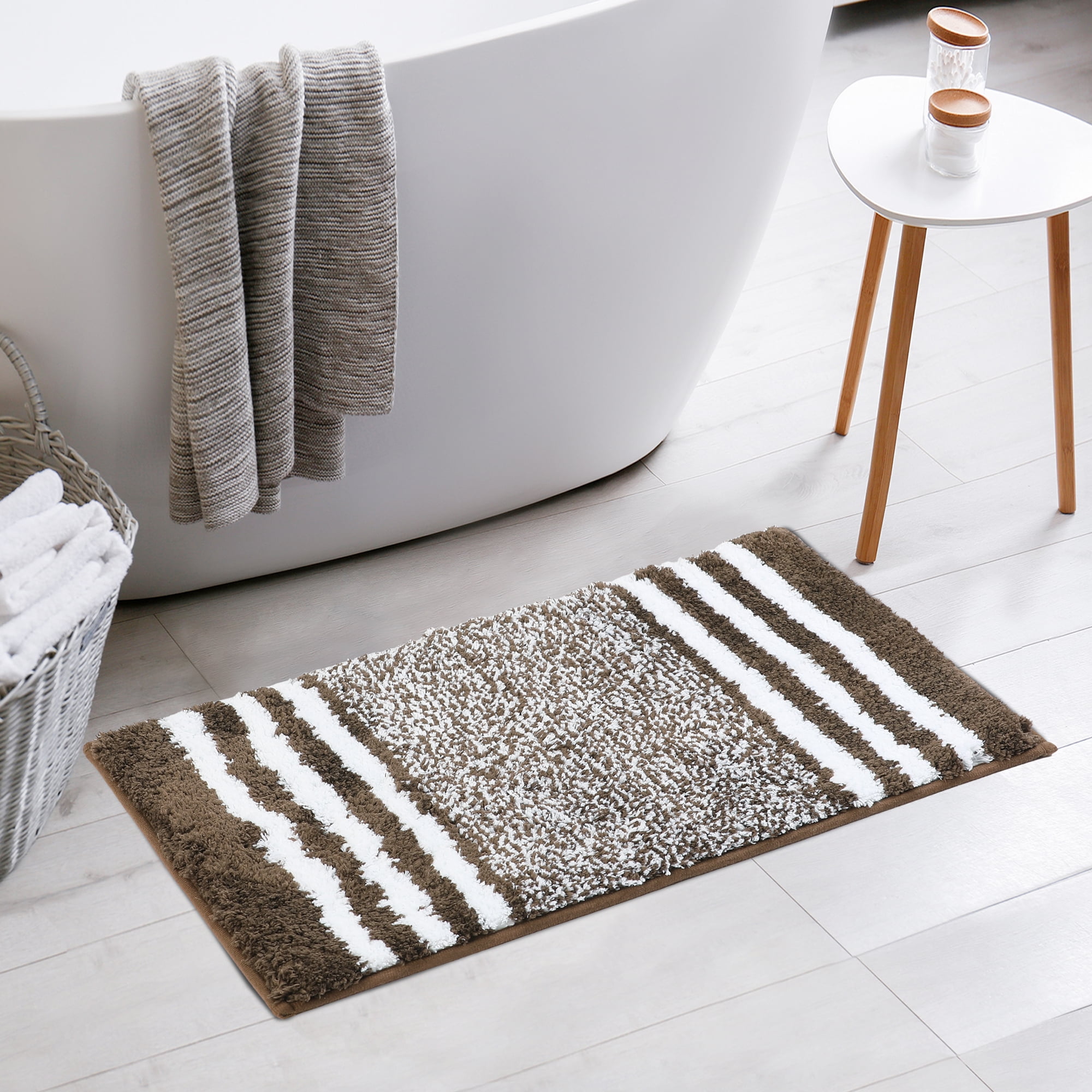 Unique Bargains Microfiber Bath Rugs Fluffy Striped Non-Slip Floor Mat Brown 20"x32"