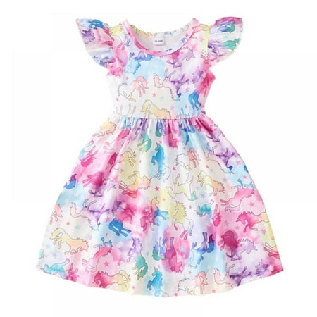 

BULLPIANO Toddler Girl Summer Dress Ruffle Fly Sleeve Prints Round Neck Beach Sundress 18M-8T