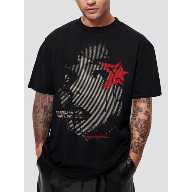 Men's Tee - Loose Fit, Breathable Cotton Blend, Crew Neck, Short Sleeve Shirt with Unique Portrait Design - For Men - Suitable for Casual Wear, Everyday Use, Casual Sporty Tee, Summer Gifts