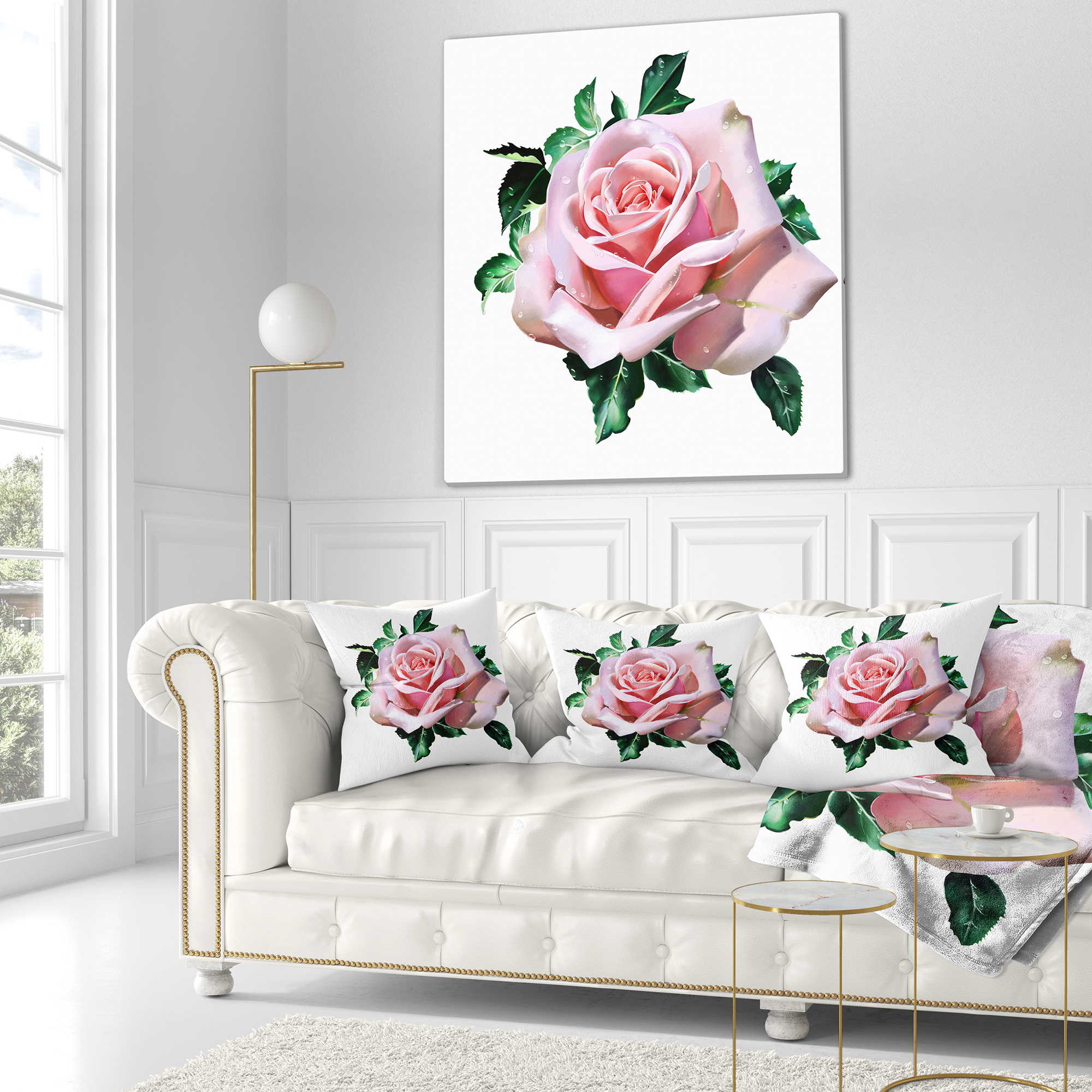 Designart Watercolor Rose with Green Leaves - Floral Throw Pillow - 16x16