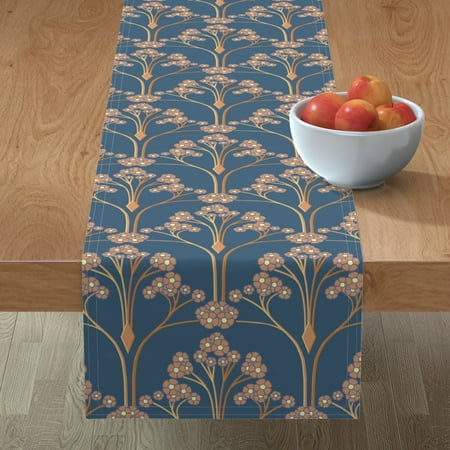 

Cotton Sateen Table Runner 90 - Art Deco Botanical Floral Teal Blue Copper Yellow Flowers Orange Print Custom Table Linens by Spoonflower