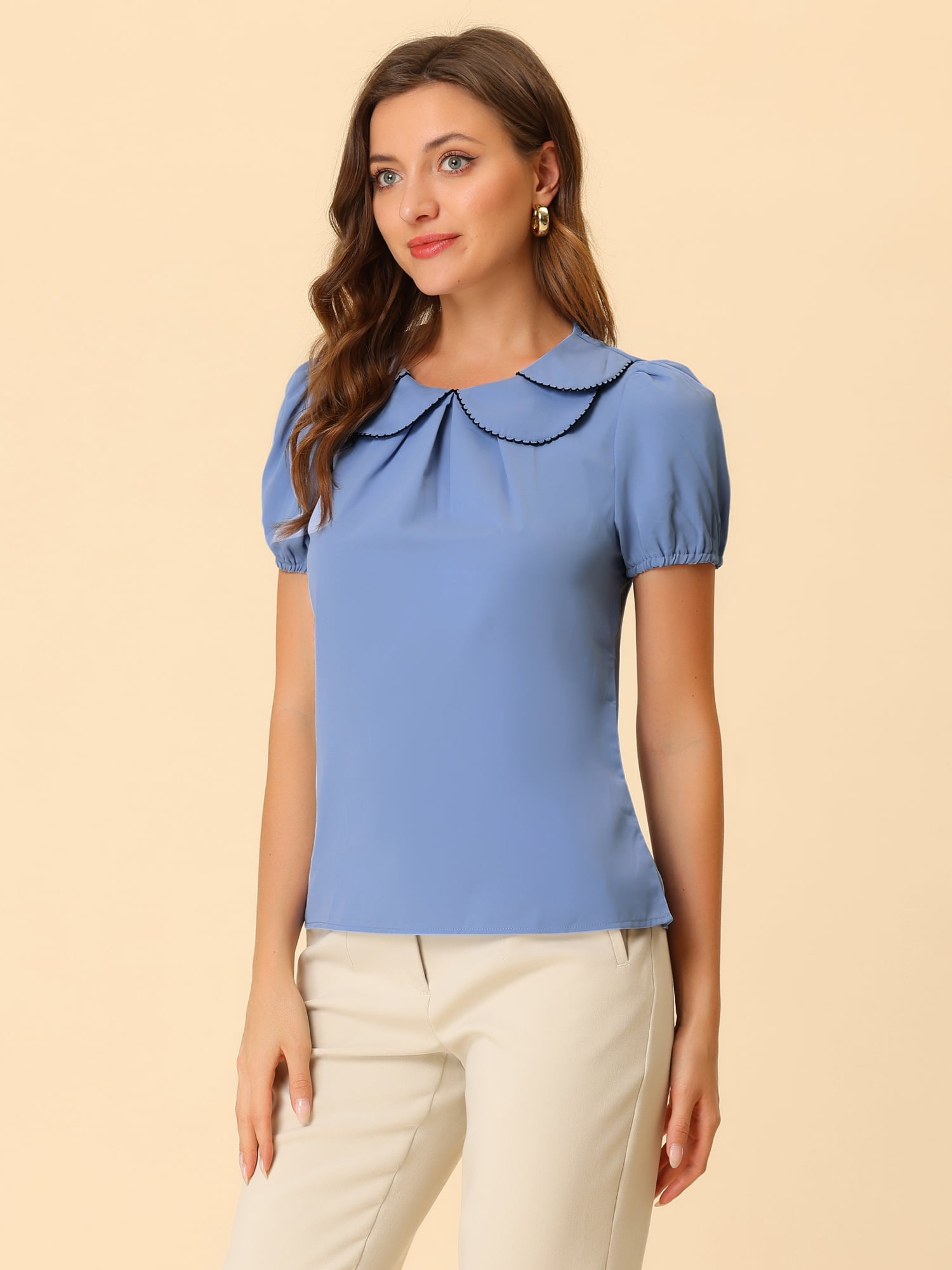 DARING DIVA Women's Retro Puff Sleeve Peter Pan Collar Blouse Top XS Blue