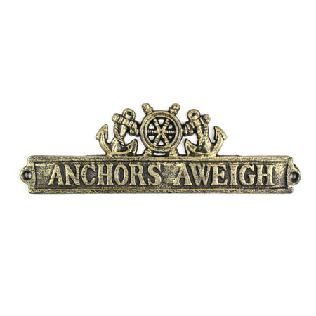 Antique Gold Cast Iron Anchors Aweigh Sign with Ship Wheel and Anchors (Best Way To Ship Antiques)