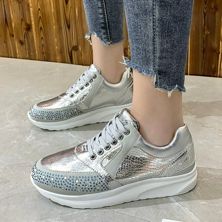 

Egmy Women Rhinestone Casual Lace-Up Sport Shoes Runing Breathable Sneakers