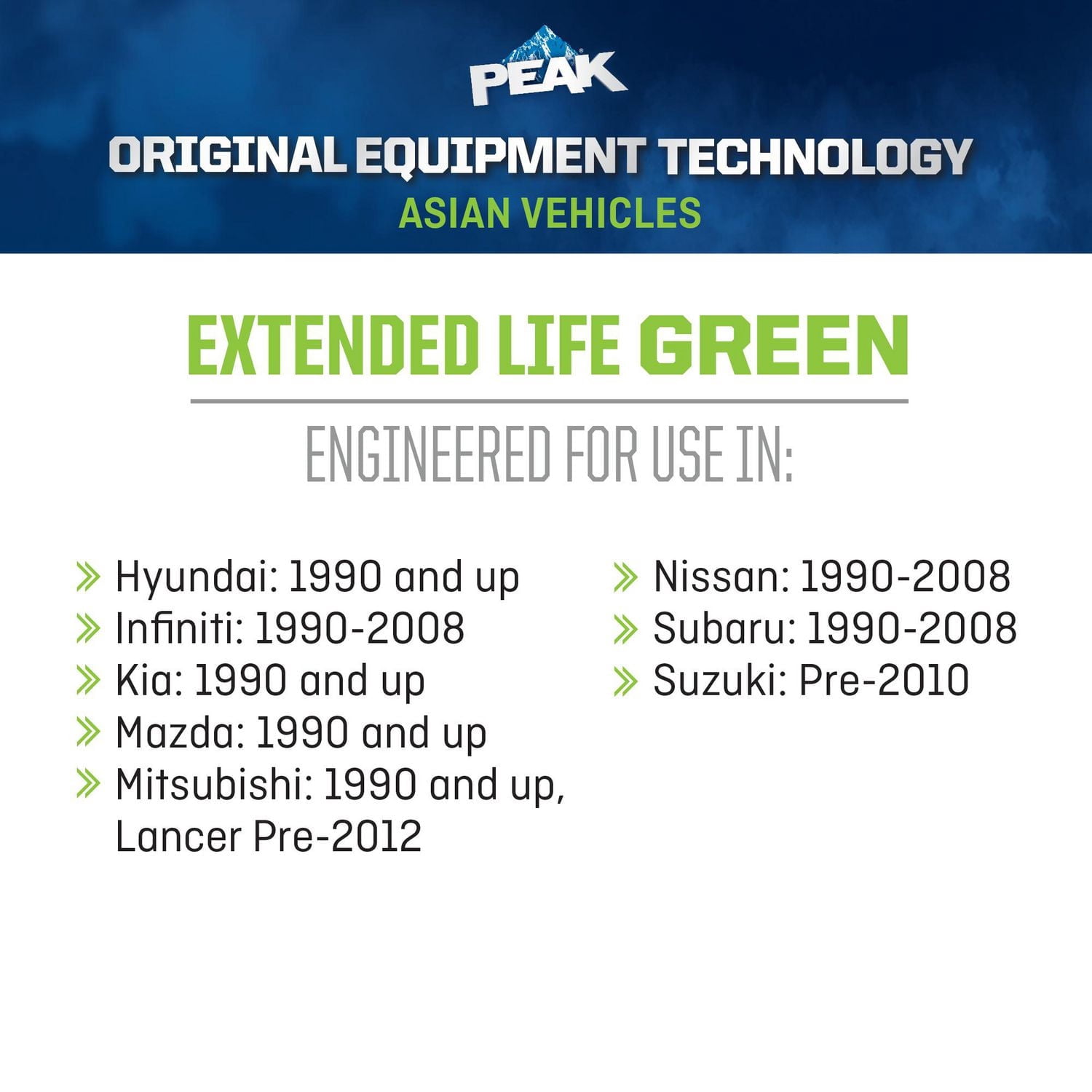 Peak® OET Vie Prolongée Vert 50/50 Pre-Diluted Antigel + Liquide de refroidissement pour Véhicules Asiatiques, 3,78 Liters