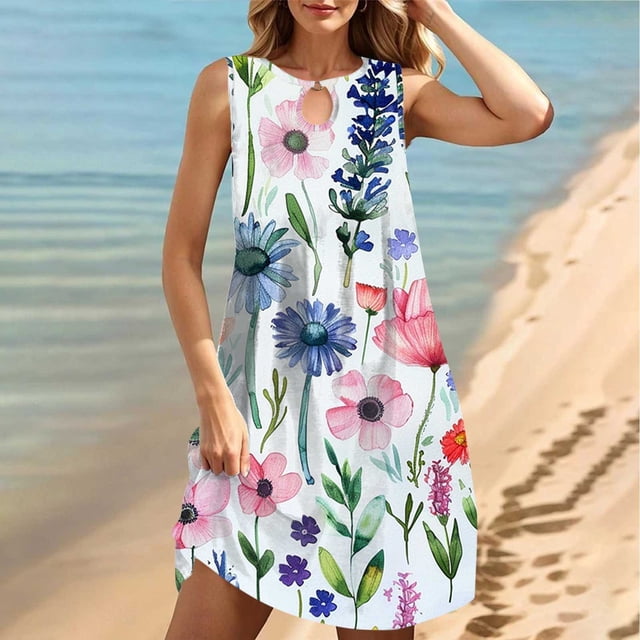 FcBaudy Robe Sans Manches Col Rond, Robes d'Été pour Femmes, Robes pour Femmes Col Rond Sans Manches Dégradé Teinture sur Nœuds Robe de Plage Robe pour Femmes