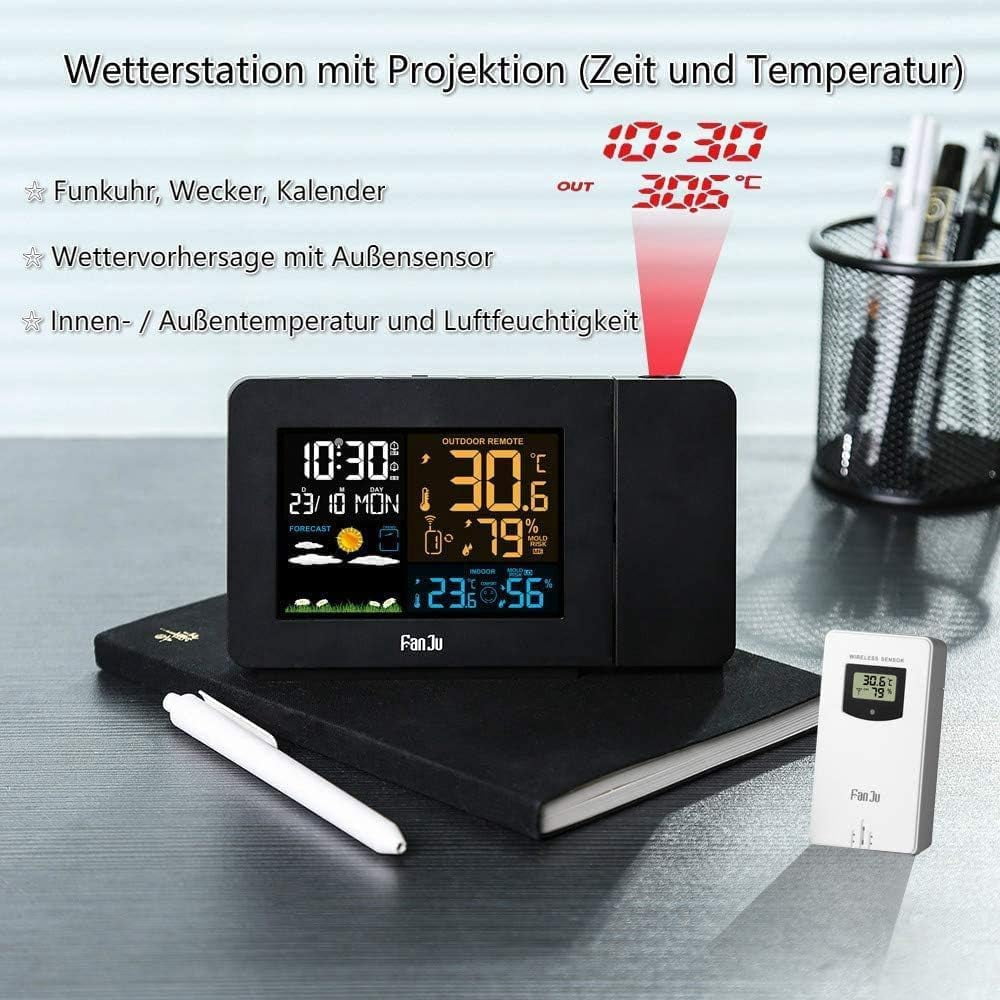 Projection Alarm Clock with Weather Station, Atomic Digital Alarm Clock with Projection on Ceiling,Indoor Outdoor Temperature Humidity Monitor Gauge,for Home Bedroom