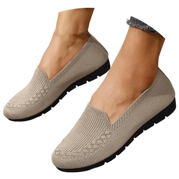 Wovix Women's Knitted Flat Shoes Lightweight Comfortable Loafers Footwear Slip On Casual Breathable Mesh Walking Shoes Beige 36