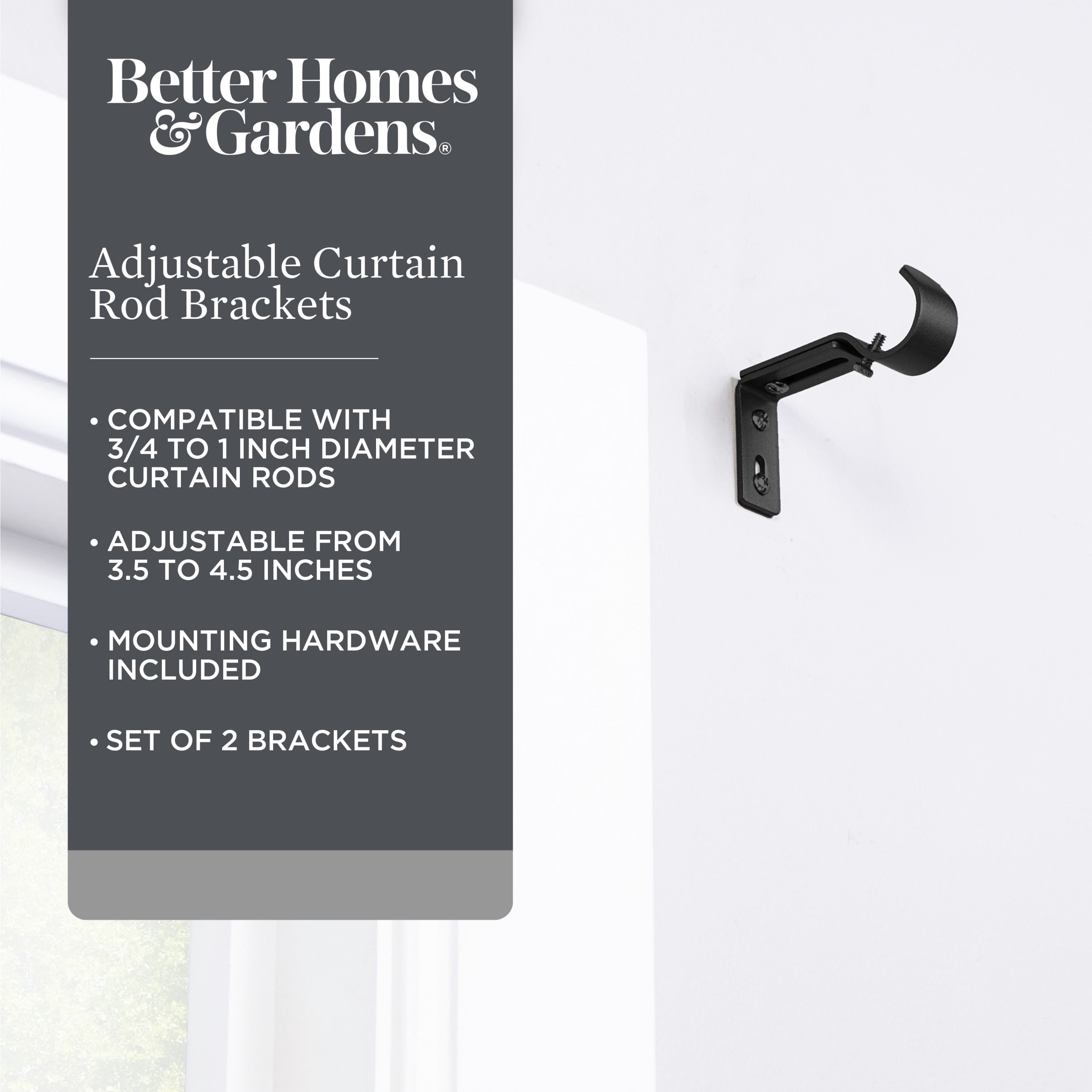 Better Homes \u0026 Gardens - Brandclub - Better Homes \u0026 Gardens Metal  Adjustable Curtain Rod Brackets in Matte Black, 3/4 to 1 Inch Diameter, image size:3000x3000