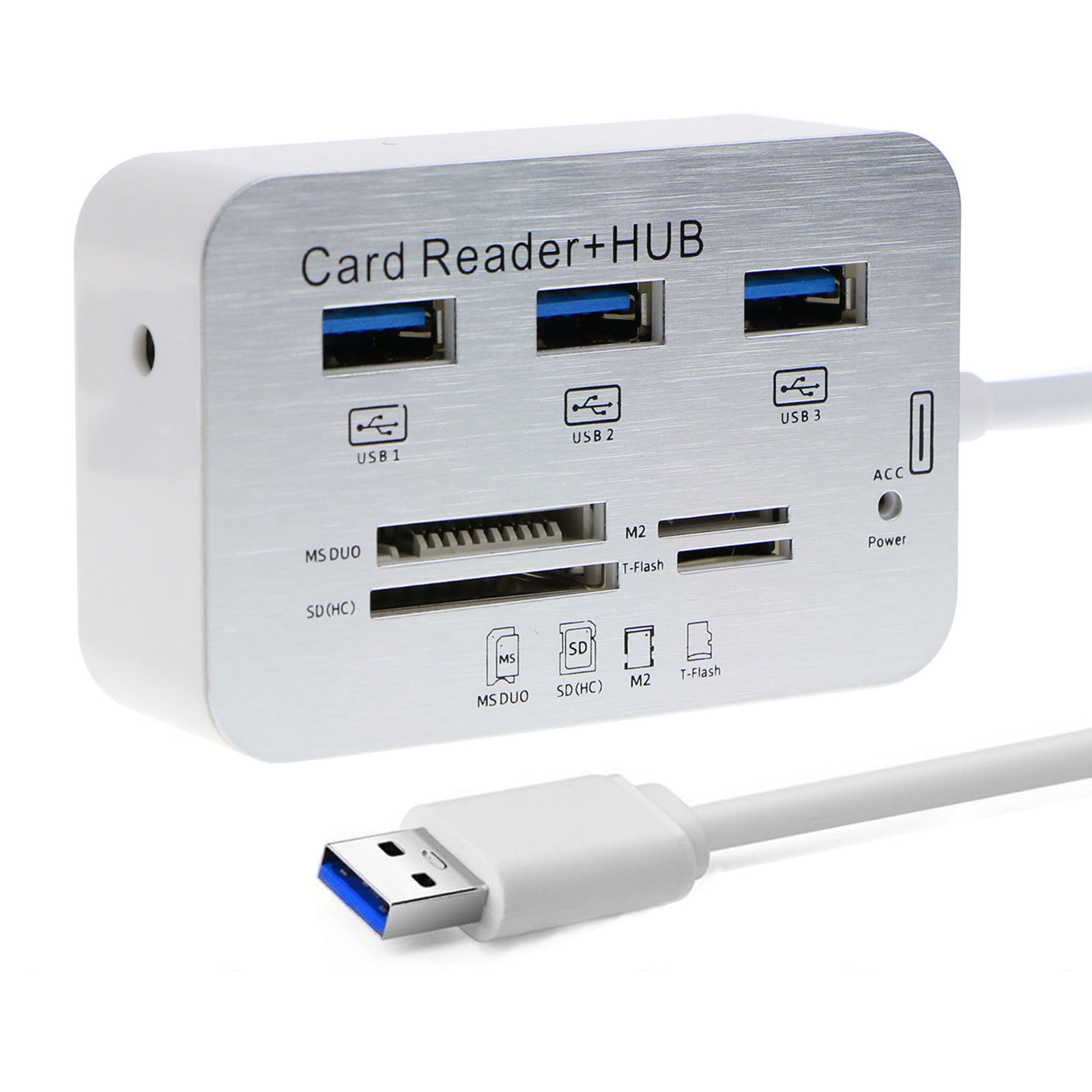 3 Port Aluminum USB 3.0 Hub with MS SD M2 TF Multi-in-1 Card Reader Portable