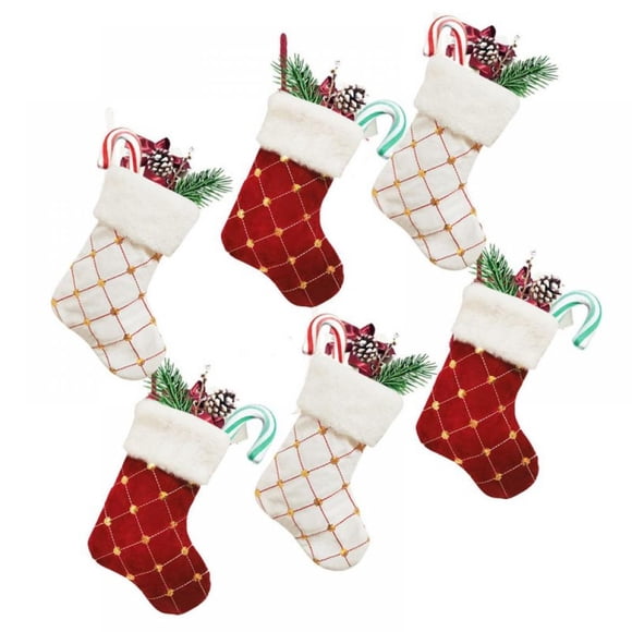 Bas de Noël 6 Pack pour Famille, Mini Broderie Sequins Dorés Bas de Noël Blanc Rouge Luxe Fausse Fourrure Bas de Noël pour Arbre de Noël Décoration de Fête