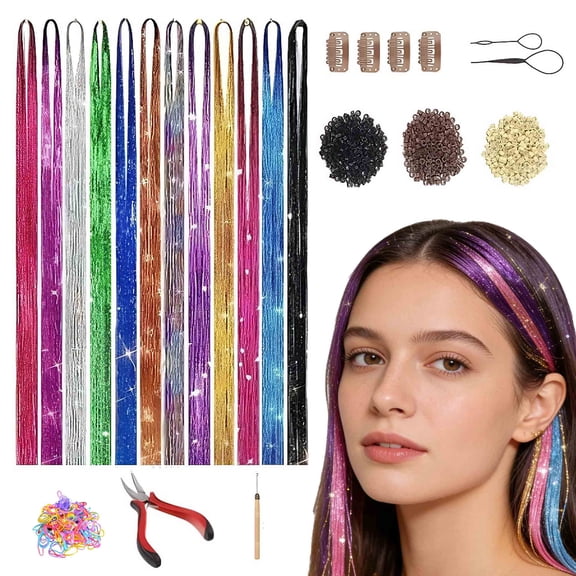 LAPTOM MAX 12 Colors Hair Tinsel Kit, 47 Inch 2400 Strands Heat-Resistant Hair Extensions for Women and Girls, Sparkling Tinsel for New Year, Cosplay, and Party