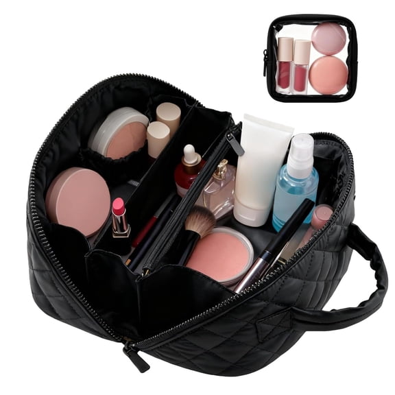 Toiletry Bag for Women, Travel Makeup Bag Organizer, Wide Open Lay-Flat Water-Resistant Large Cosmetic Case, Puffy Padded Travel Organizer for Toiletries & Brushes Large Capacity with Compartments
