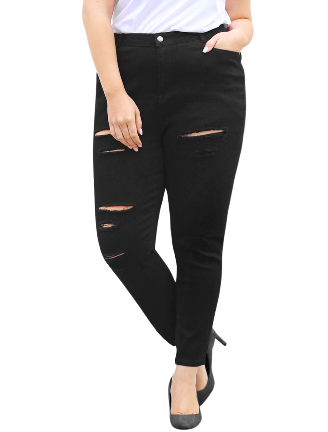 women's plus size black ripped jeans