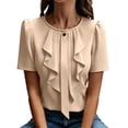thumbnail image 2 of ClodeEU Women's Short Sleeve Crewneck Pleated Blouse with Ruffle Hem ,Business Casual Office Top Khaki,Women's Plus XXL, 2 of 8
