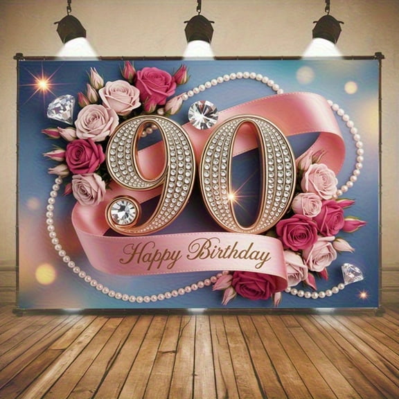 Elegant 90th Birthday Backdrop Pink Roses Ribbon Happy Birthday Photography Background Sparkling Diamond Pearl 90 Years Old Birthday Party Decorations Banner Supplies Photo Booth Props