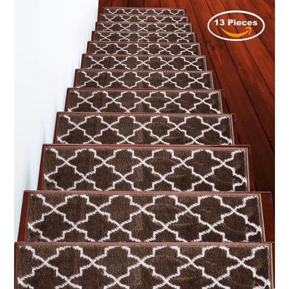 Stair Treads 9 inch by 28 inch by sussexhome Trellisville Collection Trellis Design Vibrant and Soft Stair Treads, Brown & White, Pack of 13 [100% Polypropylene]