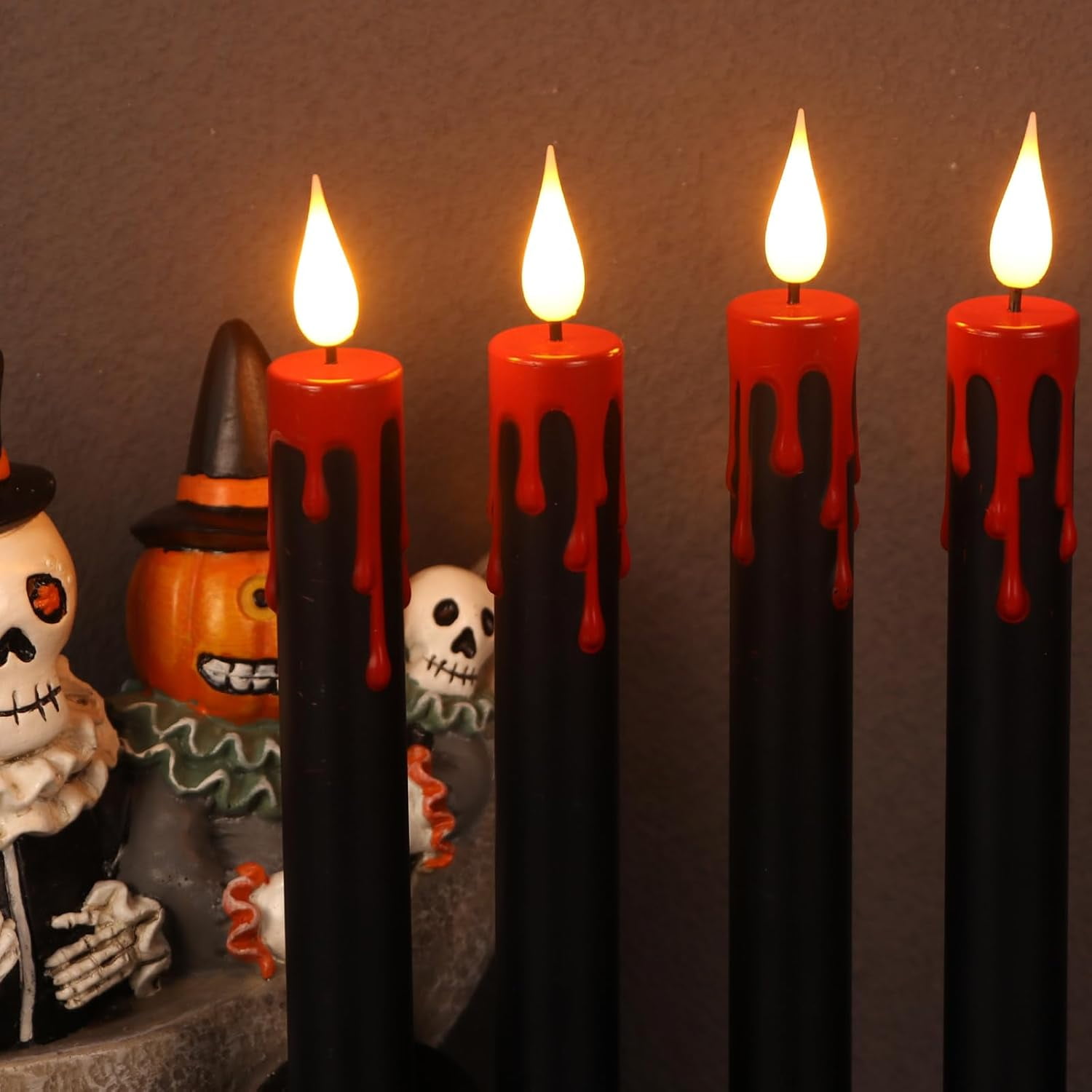 Halloween Black Flameless Taper Candles with Remote Timer, 6Pcs Red Drip LED Candlesticks with 3D Flickering Flame for Home Fall Indoor Halloween Decor(0.78 x 8.9 Inches)