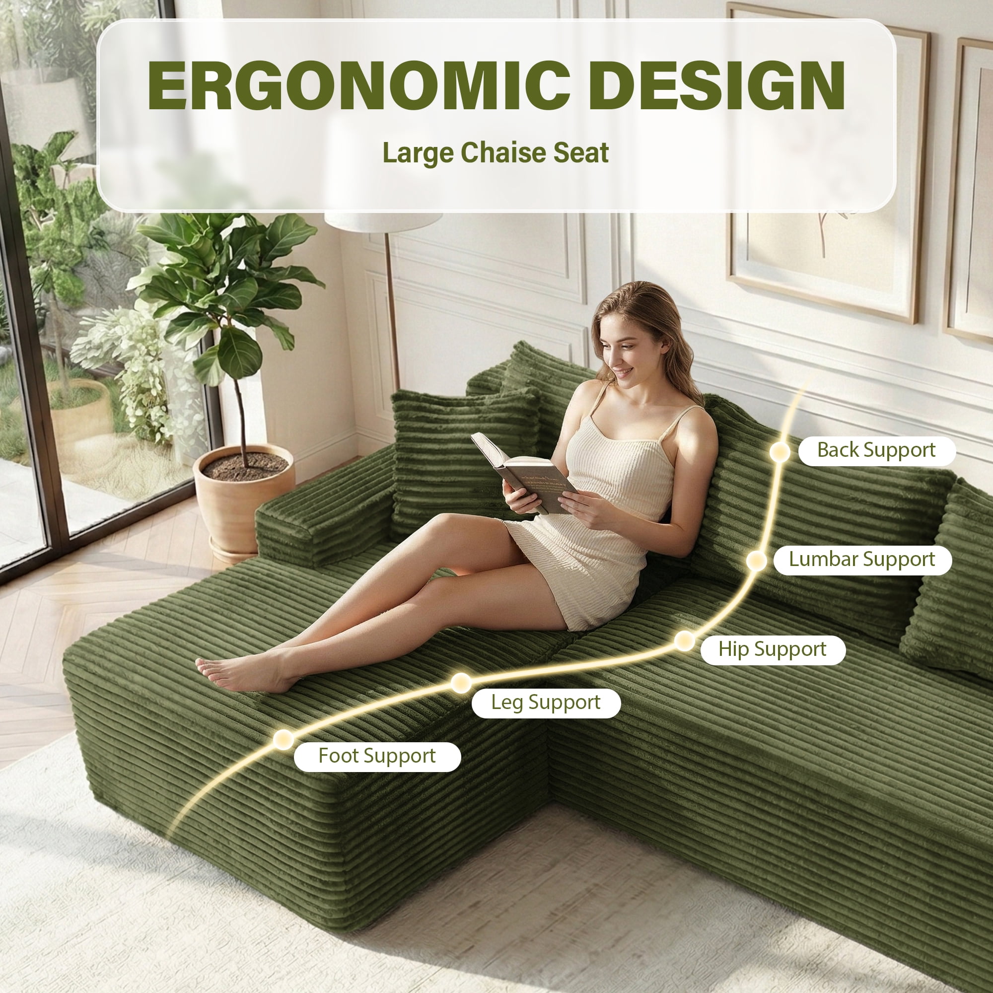 Aukfa 96" L-Shaped Cloud Sectional Sofa, Modular Boneless Couch with Deep Seat&Left-Facing Chaise for Living Room, Corduroy, Green