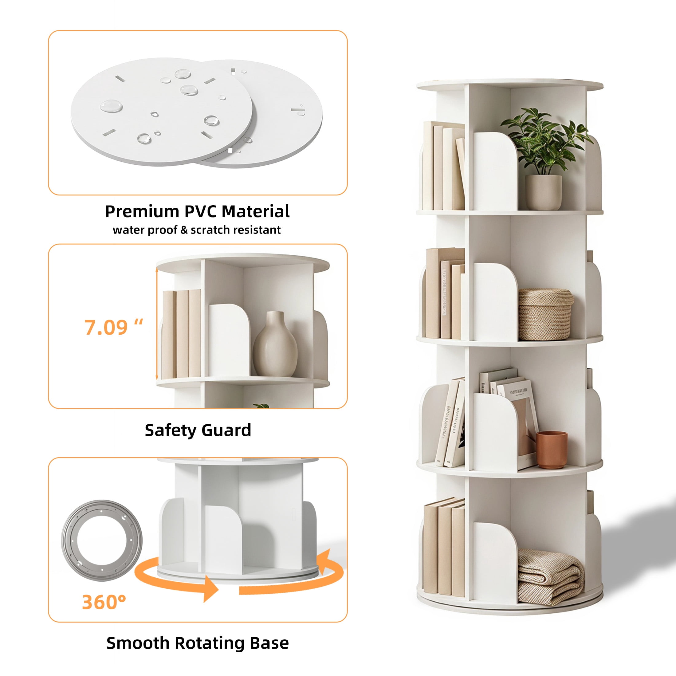 Gianna 4 Tier Rotating Bookshelf, 360 Display Floor Standing Bookcase Storage Rack, White