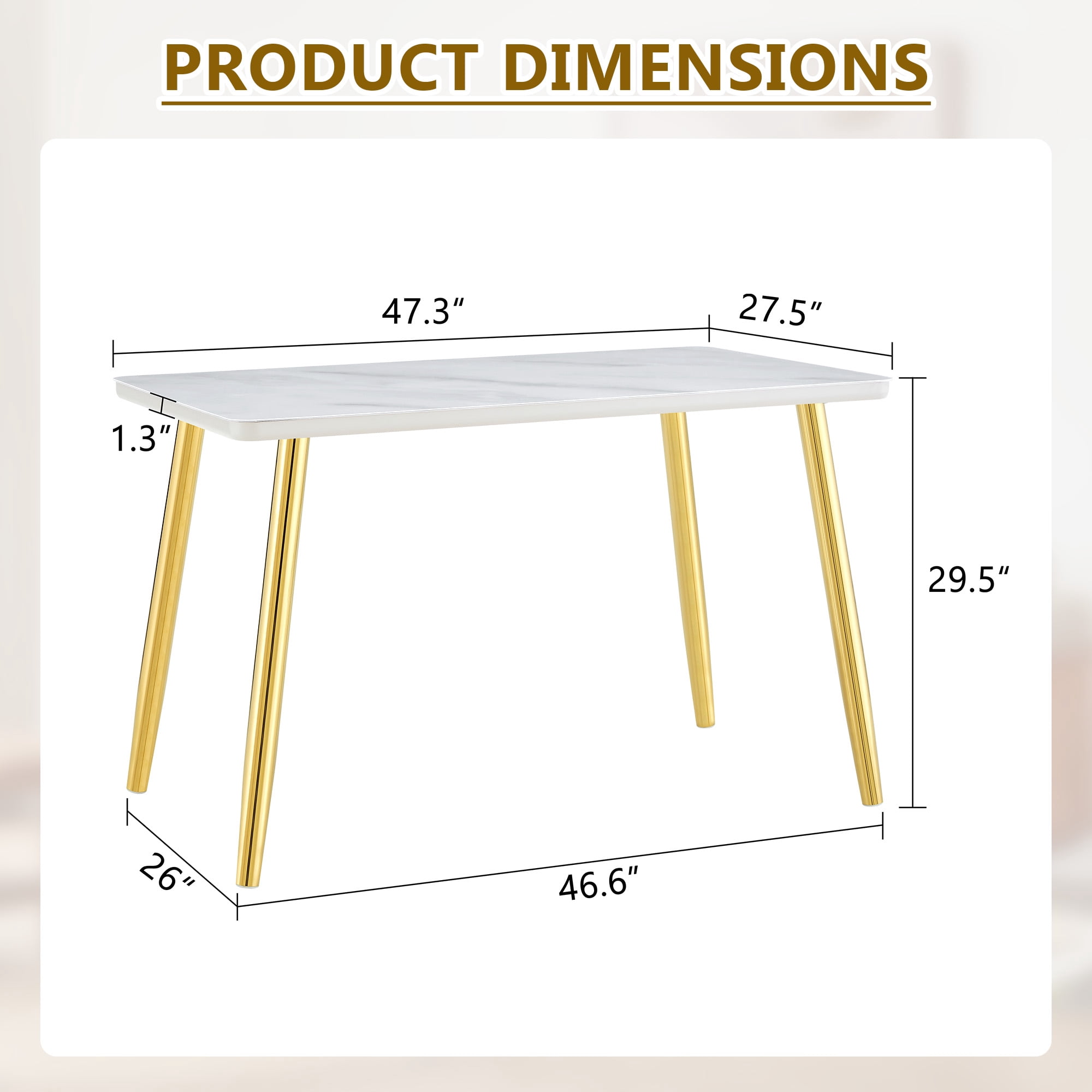 Hi loPres 47" White Modern Rectangular Dining Table for Apartments, Faux Marble Tempered Glass Top Kitchen Desk with Stable Gold Metal Legs, Minimalist Style