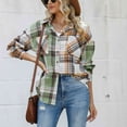 thumbnail image 4 of Camisa a cuadros de manga larga para mujer, diseño de bolsillo en el pecho con botones, abrigo informal holgado a la moda para mujer, verde L, 4 of 7