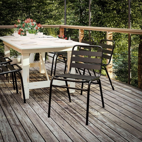 BizChair Commercial Black Metal Indoor-Outdoor Restaurant Stack Chair with Metal Triple Slat Back