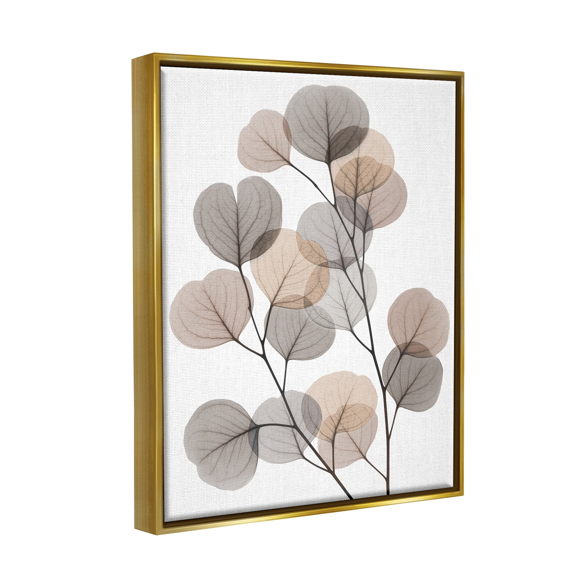 Stupell Industries Modern Eucalyptus Leaf Stems Translucent Brown Grey Leaves Metallic Gold Framed Floating Canvas Wall Art, 24x30, by Albert Koetsier