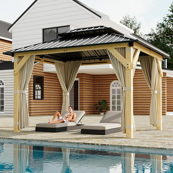 10 x 12 Ft Wood Gazebo, Upgrade Wooden Frame, Double Galvanized Steel Roof, Hardtop Gazebo with Nettings and Curtains for Backyard, Patio, Garden and Lawn, Khaki