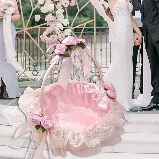Cesta de boda con cintas de satén, cesta decorativa para bodas, recuerdos de fiesta de Pascua, cesta de mano con lazo de encaje, cesta para niña de las flores para celebraciones