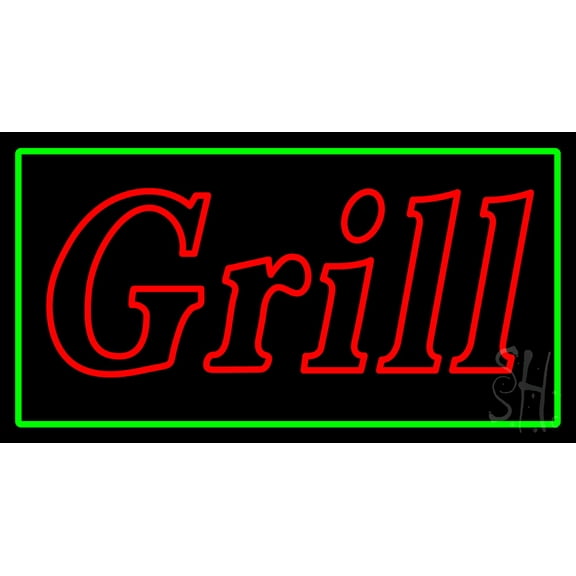 Double Stroke Grill Green Border LED Neon Sign 20 x 37 - inches, Black Square Cut Acrylic Backing, with Dimmer - Bright and Premium built indoor LED Neon Sign for restaurant window and interior decor.