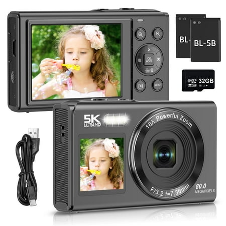 XLURC 5K 80MP Digital Camera for Photography Wifi Dual Screen Vlogging Camera for Youtube Autofocus Travel Camera 18X Digital Zoom with 32GB Card & 2x Battery (Black)