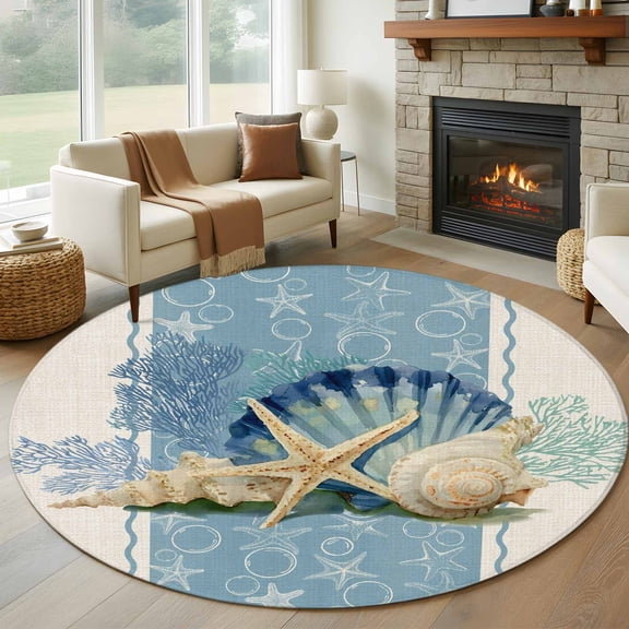 Blue Coastal Starfish Round Area Rug 8Ft Washable Large Circle Rugs for Living Room Dorm, Vintage Beige Nautical Coral Summer Non-Slip Carpet Floor Mats Indoor Outdoor Carpet Runner Home Decor