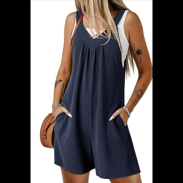 Overol de Punto Liso con Bolsillos Laterales para Mujer, Color Azul Marino, Talla L