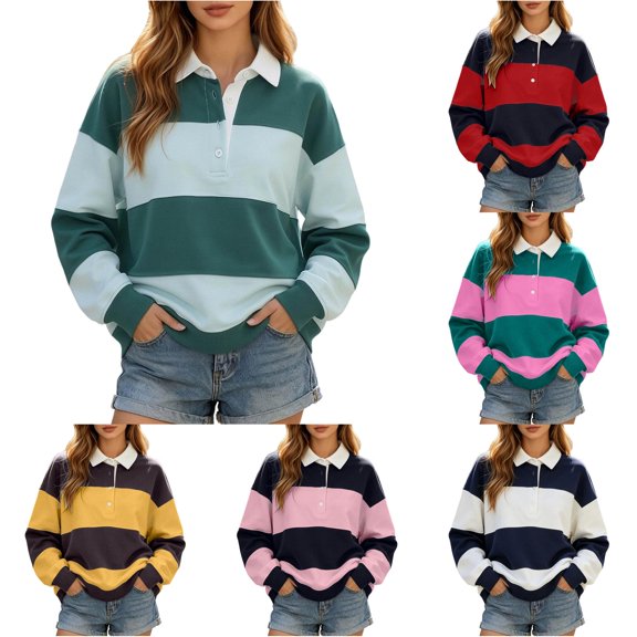 RUTAYY Women's Sweatshirt Color Block Turndown Collar Versatile Pullover Long Sleeve Casual Streetwear Crewneck Sweatshirt