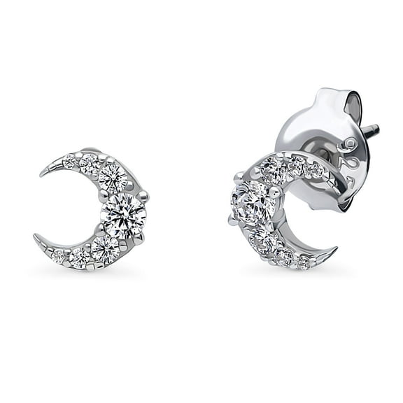 BERRICLE Sterling Silver Crescent Moon Cubic Zirconia CZ Fashion Stud Earrings for Women, Rhodium Plated