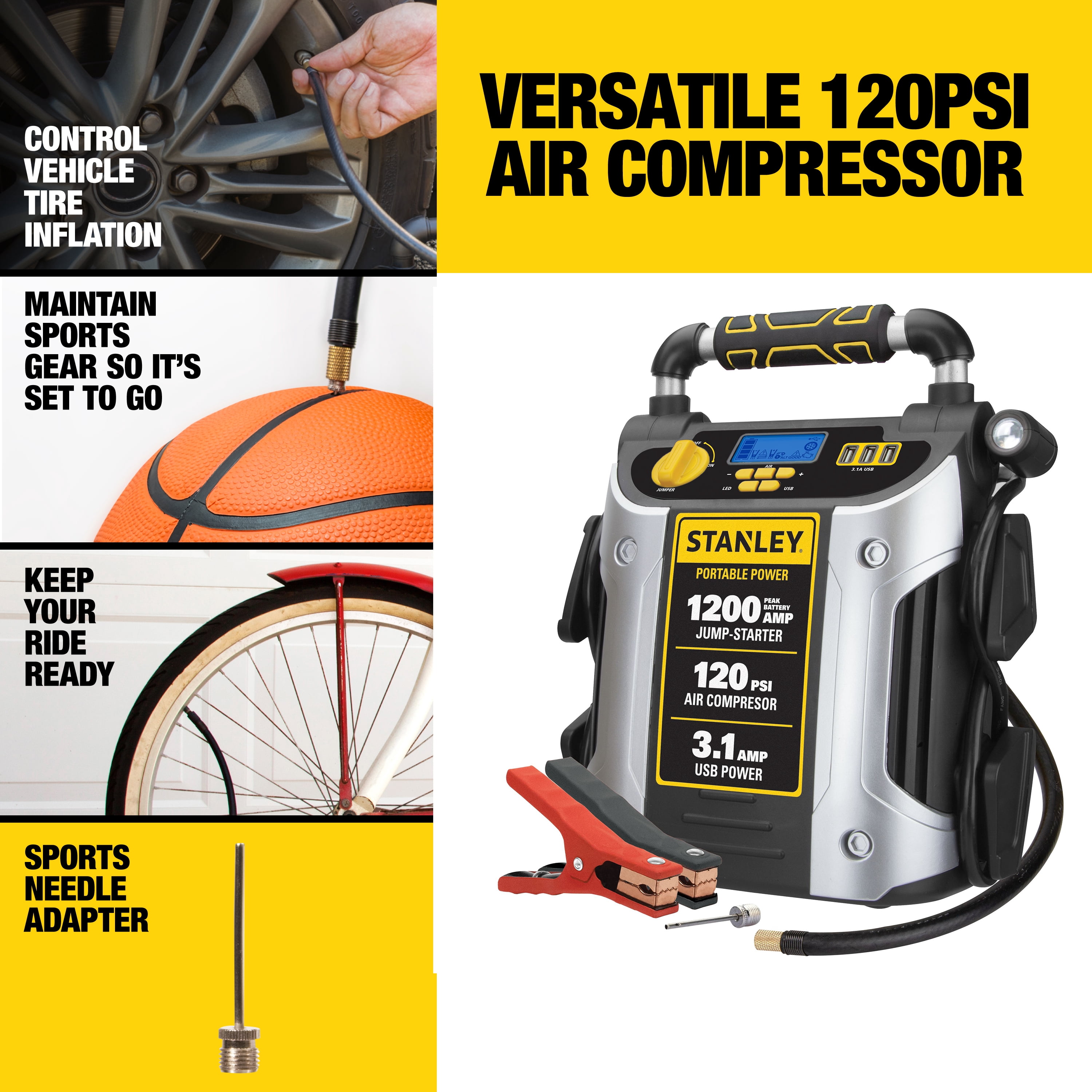 STANLEY J5C09D 1200 Peak Amp Portable Car Jump Starter with 120 PSI Air Compressor and USB Power