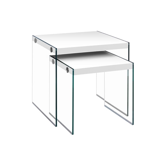 Newboti Furniture Nesting Table, Set Of 2, Side, End, Accent, Living Room, Bedroom, Glossy White Laminate, Clear Tempered Glass, Contemporary, Modern BN.1029