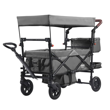 VEVOR Wagon Stroller for 2 Kids,Push Pull Quad Collapsible Stroller with Adjustable Handle, Encircling Harness Removable Canopy, 4 Wheels w/ Brakes, Mutifunction Tandem Stroller for Camping Dark Grey