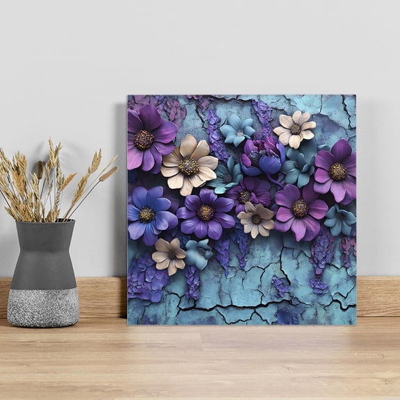 Purple Flowers Wall Art Painting on Canvas, Spring Vintage Walls Pastoral Country Canvas Art Home Prints Wall Art Framed Modern Artwork for Living Room Bedroom Wall Decor 8x8in
